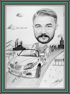 Karykatura ze zdjęcia na urodziny dla kierowcy podróżnika rysowany ołówkiem