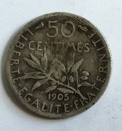 moneta srebro Francja 50 centimes 1905