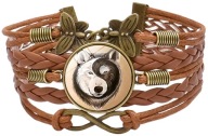 Skórzana bransoletka - Wilk - Yin Yang - regulowana, ozdobne dodatki - 20mm
