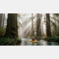 Las puszcza rzeka mgła kajak kobieta obraz na płótnie 55x100 mgła słońce