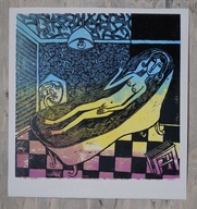 Kąpiąca się. 30 × 30 cm. 2025 r. (linoryt kol.)