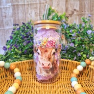 Kubek szklany słoik 500 ml ze słomką i bambusową pokrywką prezent krowa