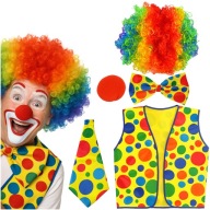 STRÓJ KLAUNA BŁAZEN CLOWN PERUKA KAMIZELKA NOS HALLOWEEN GOTOWY ZESTAW 5EL