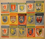 ETYKIETY ZAPAŁCZANE - POLSKA, HERBY - MIAST, MIASTA - ZESTAW 15 SZTUK