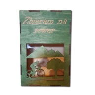 Skarbonka drewniana z okienkiem, zbieram na rower, 18cm, grawer, kolory