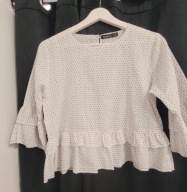 BOOHOO BIAŁA BLUZKA ELEGANCKA W CZARNE GROSZKI GROCHY RĘKAW 3/4 40 L