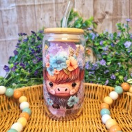 Kubek szklany słoik 500 ml ze słomką i bambusową pokrywką prezent krowa