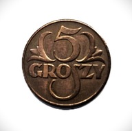 Polska moneta o nominale 5 groszy z 1938 r. z okresu II Rzeczypospolitej