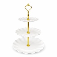 Biała patera 3-poziomowa ze złotym uchwytem na ciasta i desery plastikowa