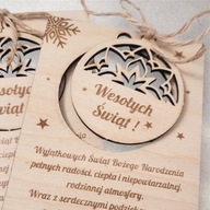 Drewniana KARTKA Świąteczna z bombką dla Twojej firmy LOGO Twój napis 5 szt