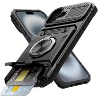 Etui Pancerne iPhone 16 z Ringiem 360° + Schowek na Kartę Czarne