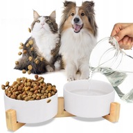 PODWÓJNA MISKA CERAMICZNA 400 ML BIAŁA DREWNIANA PODSTAWA DLA PSA I KOTA