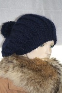 CZAPKA beret z pomponem RĘKODZIEŁO moher granat