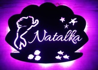 Lampka nocna LED, drewniana, imienna, syrenka, 7 kolorów, 6 frontów