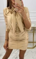 Sukienka mini satynowa złota drapowana z wiązaniem uni