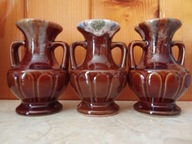 Komplet małych wazoników szkliwionych, kamionka PRL wys. 8,5 cm VINTAGE