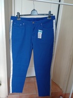 44 spodnie dżins proste niebieskie granatowe ze średnim stan lampas srebrne