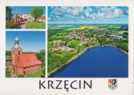 KRZĘCIN - URZĄD GMINY - KOŚCIÓŁ ŚW. JANA - JEZIORO - Z LOTU PTAKA - HERB