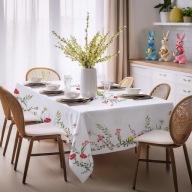 OBRUS NA STÓŁ WIELKANOCNY ŚWIATECZNY 140X200 CM BIAŁY W KWIATY PLAMOODPORNY