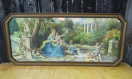 STARY Obraz DAMA z ANIOŁKAMI W OGRODZIE DWORSKIM Oleodruk.