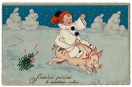 NOWY ROK PIERROT UJEŻDZAJĄCY ŚWINKĘ ŚWINIA JEMIOŁA 1924