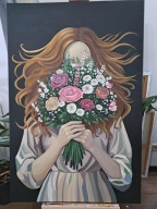 Duży nowoczesny obraz 80x120cm kobieta postać kwiaty