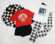 zestaw krata kostka czarno biała, sweter bluzka spódniczko spodenki piżamka