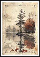 A2 PLAKAT RYSUNEK SZKIC VINTAGE RETRO LAS RZEKA JESIEŃ LIŚCIE