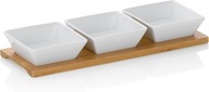 Zestaw misek porcelanowych na bambusowej tacy biały elegancki dipy