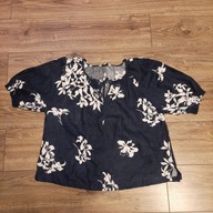 Bluzka damska 44 M&S Autograph len, ciemnoniebieska w białe kwiaty, raglan