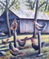 Obraz akrylowy ręcznie malowany "Kury na wysokich stanowiskach"