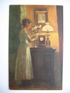 ZAGINIONY ŚWIAT W ŚWIETLE LAMPY NAFTOWEJ ZEGAR przedwojenna POCZTÓWKA