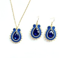 Komplet sutasz niebieski złoty szafir kobaltowy kolczyki wisiorek kryształ