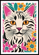 A2 KOLOROWY OBRAZ PLAKAT Z KOTEM, KOT, PYSZCZEK BIAŁEGO KOTA W KWIATACH