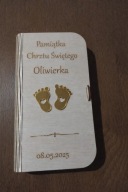 Drewniane pudełko na pieniądze na Chrzest Święty z grawerem