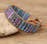 BOHO BRANSOLETKA SKÓRA KAMIENIE jaspis fiolet róż