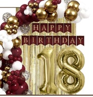 ZESTAW URODZINOWY 18 – ZŁOTE BORDOWE BALONY CYFRA KURTYNA BANER – ELEGANCJA