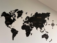 Nowa drewniana Mapa Świata w kolorze czarnym 210x126 cm