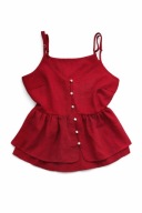 Bordowy top z baskinką na ramiączkach perłowe guziki elegancki romantyczny