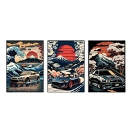 "Fuji Drive" - Vintage Plakaty z Samochodami i Zachodem Słońca – 3 Sztuki