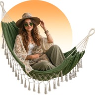 HAMAK BOHO OGRODOWY 200kg 290x150 DWUOSOBOWY MAKRAMA ZIELONY LEŻAK XXL