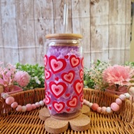 Kubek szklanka z bambusową pokrywką i słomką 500 ml handmade prezent serca