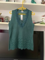 M SWETER BEZRĘKAWNIK NOWY CARLIG ZIELONY CEKINY KORONKA AŻUR