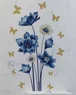 NAKLEJKI NA ŚCIANĘ - KWIAT NIEBIESKI SZARY I ZŁOTE MOTYLE