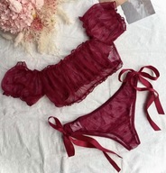 Koronkowy komplet bielizny w kolorze bordowym Top + majtki wiązane 38 M
