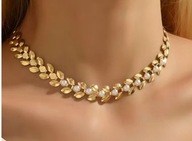 Naszyjnik w kolorze złotym pozłacany kłosami pszenicy i perełkami