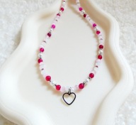 Naszyjnik koraliki naturalne szklane Kocie oko Granat Chalcedon Walentynki