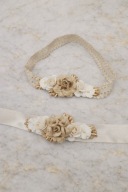 Zestaw beżowa koronkowa opaska oraz pasek do sukienki chrzest sesja