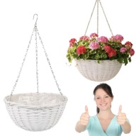 WIKLINOWY BIAŁY KOSZ WISZĄCY NA KWIATY PÓŁOKRĄGŁY MISA Z FOLIĄ 28x28x15/50