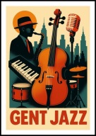 A2 PLAKAT MUZYCZNY MUZYKA GENT JAZZ WIOLONCZELA PERKUSJA SAKSOFON KEYBOARD